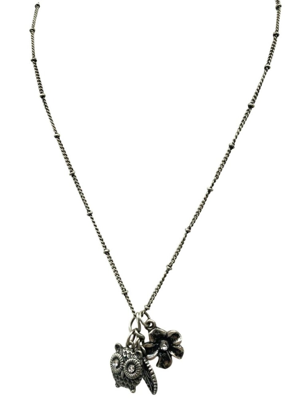 Vintage VCLM Silver Tone Chain Charms Necklace, Owl, Flower, Leaf